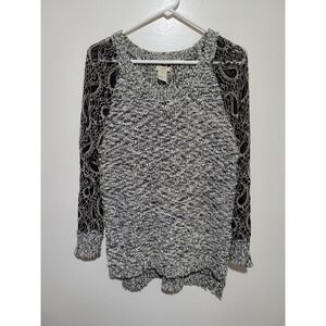 Escio Popcorn Knit Sweater‎ Womens Large Black White Lace Raglan Sleeve